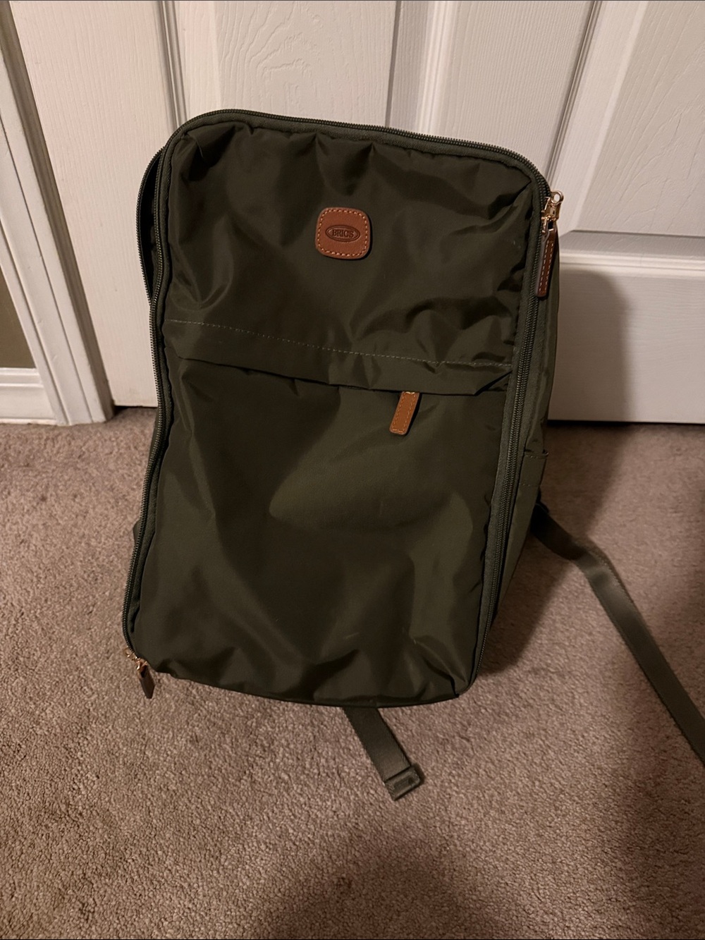 Bric's Olive Green Nylon Backpack with Brown Leather Accents